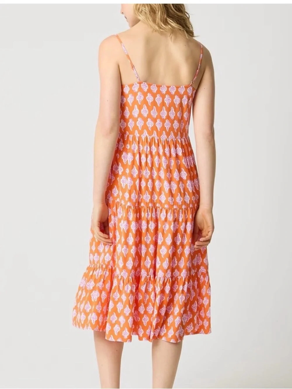 J. Crew Orange Printed Midi Dress with White Motif - Picture 3 of 4
